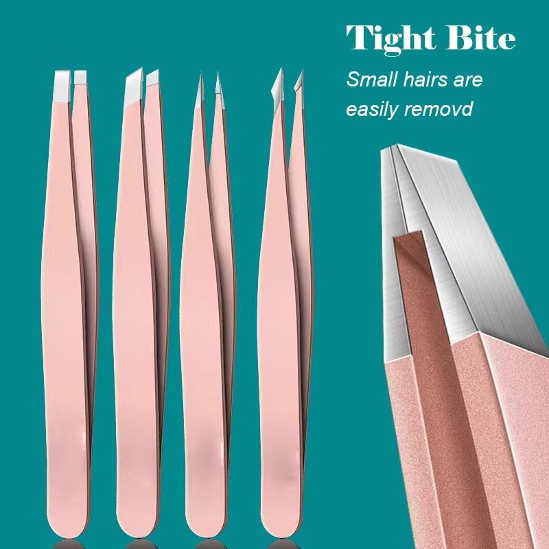4-Piece Eyebrow Tweezers Set, Stainless Steel Slant Tip Tweezers for Men & Women, Precision Grooming Tool Kit, Eyebrow Styling Kit, Cosmetic Makeup Tool, Single Item Pack