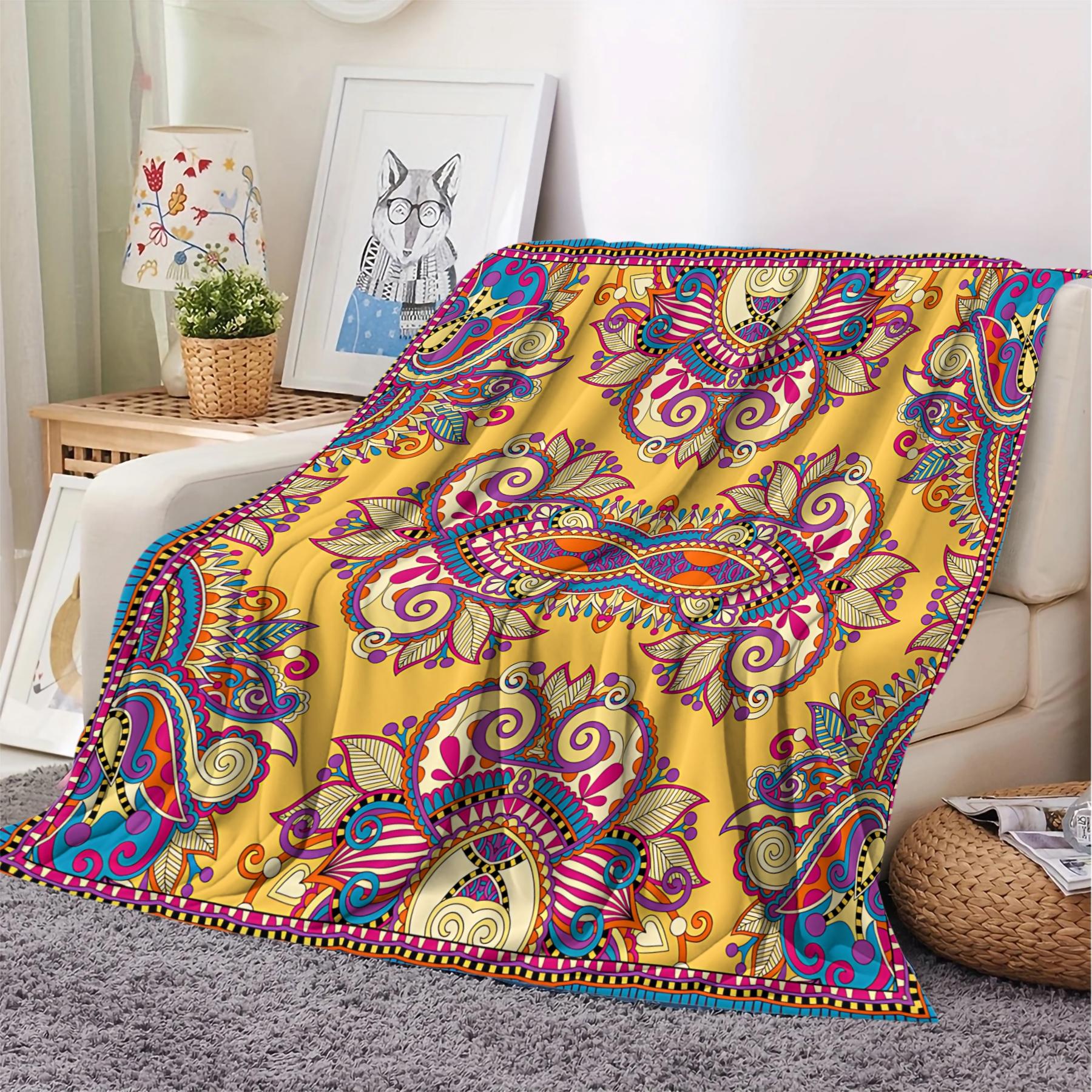 1Pcs Boho Paisley Digital Print Flannel Blanket, Vibrant Ethnic Style Throw Blanket, Ultra-Soft Cozy Warm Blanket, All-Season Decorative Gift Blanket, Perfect for Bedroom, Sofa, Couch, Camping, Travel, Dorm Decor