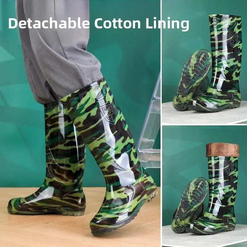 Men's Fashion Camouflage High-Tube Rain Boots Outdoor Commuting Waterproof Dirt-Resistant Long Boots round Toe Low Heel