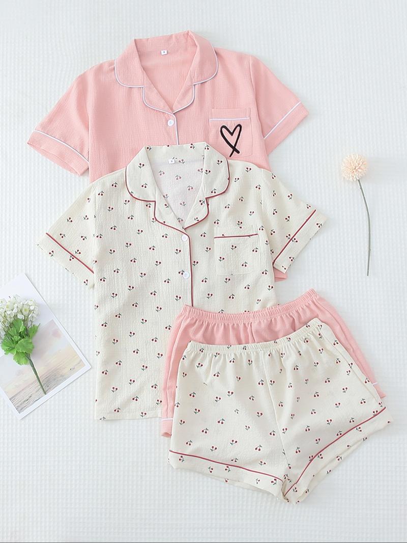 Women's All Over Print Loungewear Set, Contrast Binding Pocket Top & Shorts Pj Set, Ladies Summer Sleepwear Women's All Over Print Loungewear Set, Contrast Binding Pocket Top & Shorts Pj Set, Ladies Summer Sleepwear