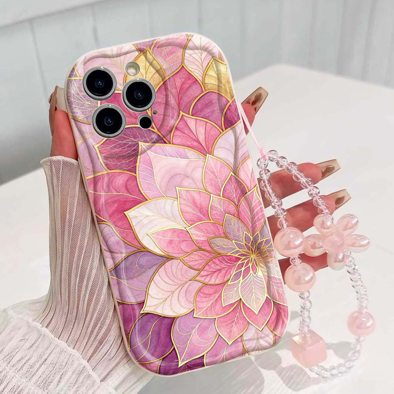 Gold Mandala Flower Tpu Phone Case with Lanyard, Shockproof Wave Edge, Compatible with Apple iPhone Models, Perfect Gift for Girls