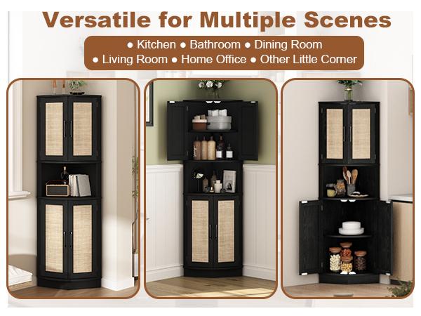 PieDle Furniture Tall Bohemian Rattan Corner Storage Cabinet - 4 Doors, 5 Shelves, 64.7" Height, Ideal for Living Room, Kitchen, Bathroom & Office Organization