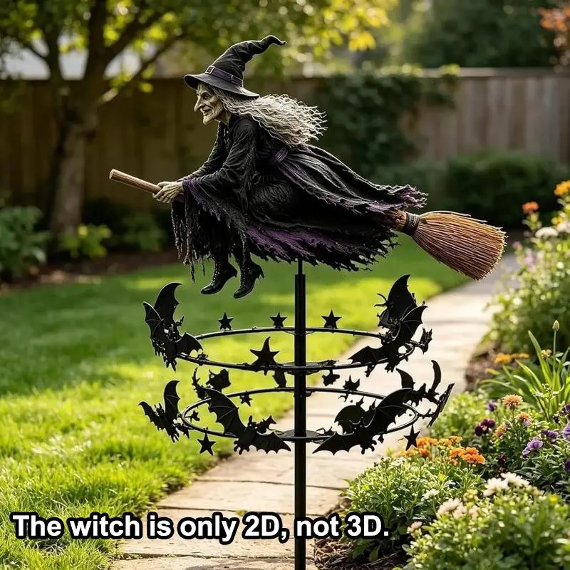 Halloween Outdoor Yd Spinner -2D Witch Flying on Broom & Wind-Powered Spin Rotating Bat Decor, Easy-Setup Spooky Ground Stake Base Garden Lawn Ornament, 2026 Outdoor Decor Prop for Gardens & Parties