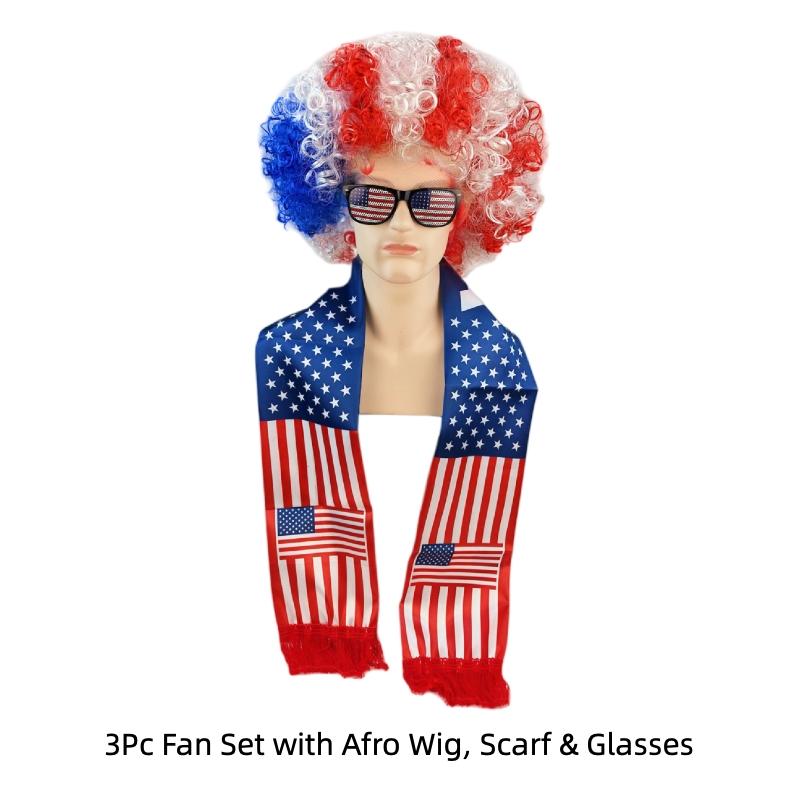 3pc USA Football Fan Cheer Set - Afro Wig, Scarf & Glasses | 2026 Match Day Costume for Soccer Fans