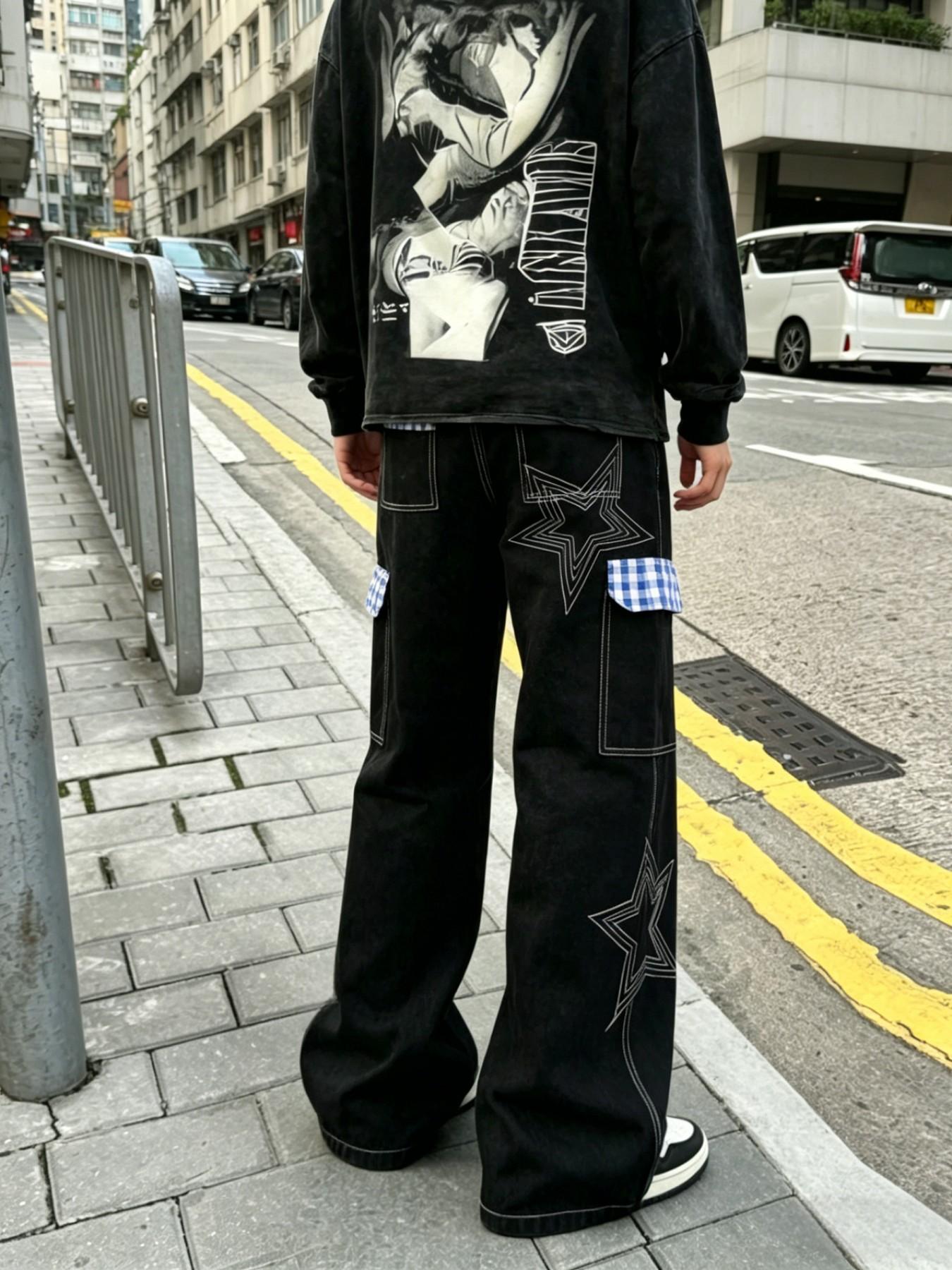 Fashion Streetwear Hip-Hop Straight Leg Embroidered Classic Work Jeans for Men, Trendy Multi-Pocket Work Denim Jeans, Casual Loose Fit