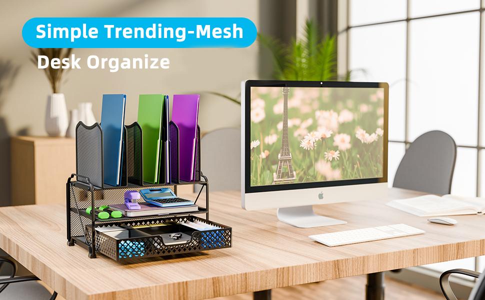 Simple Trending Mesh Desk File Organizer, Office Supplies Desktop Storage with Sliding Drawer, Double Tray and 5 Upright Section Sorter Organizer, for Office, Home, Black