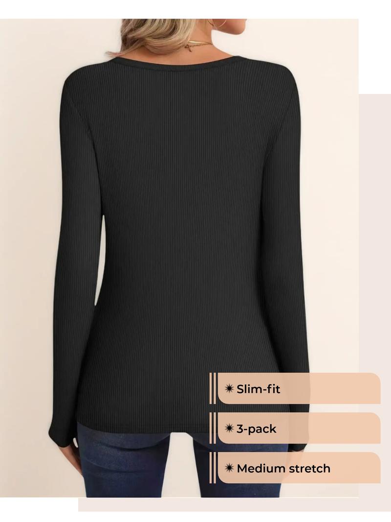 Women's Casual Slim-Fit Long Sleeve T-Shirts, 3-Pack Plain Ribbed Round Neck Tops, Medium Stretch, Perfect for Spring & Fall