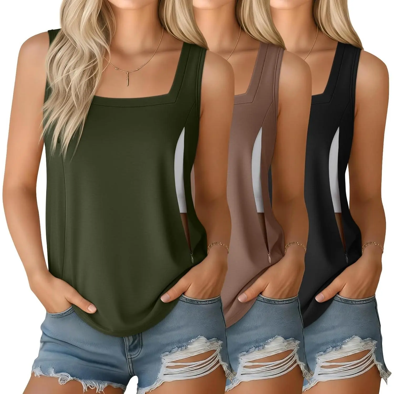 Women's Maternity Nursing Tank Tops 3-Pack - Maternity Clothing, Nursing Shirt, Square Neck Tops, Relaxed Fit, Sleeveless, Hidden Zippers, Pumping, Postpartum, Casual Wear