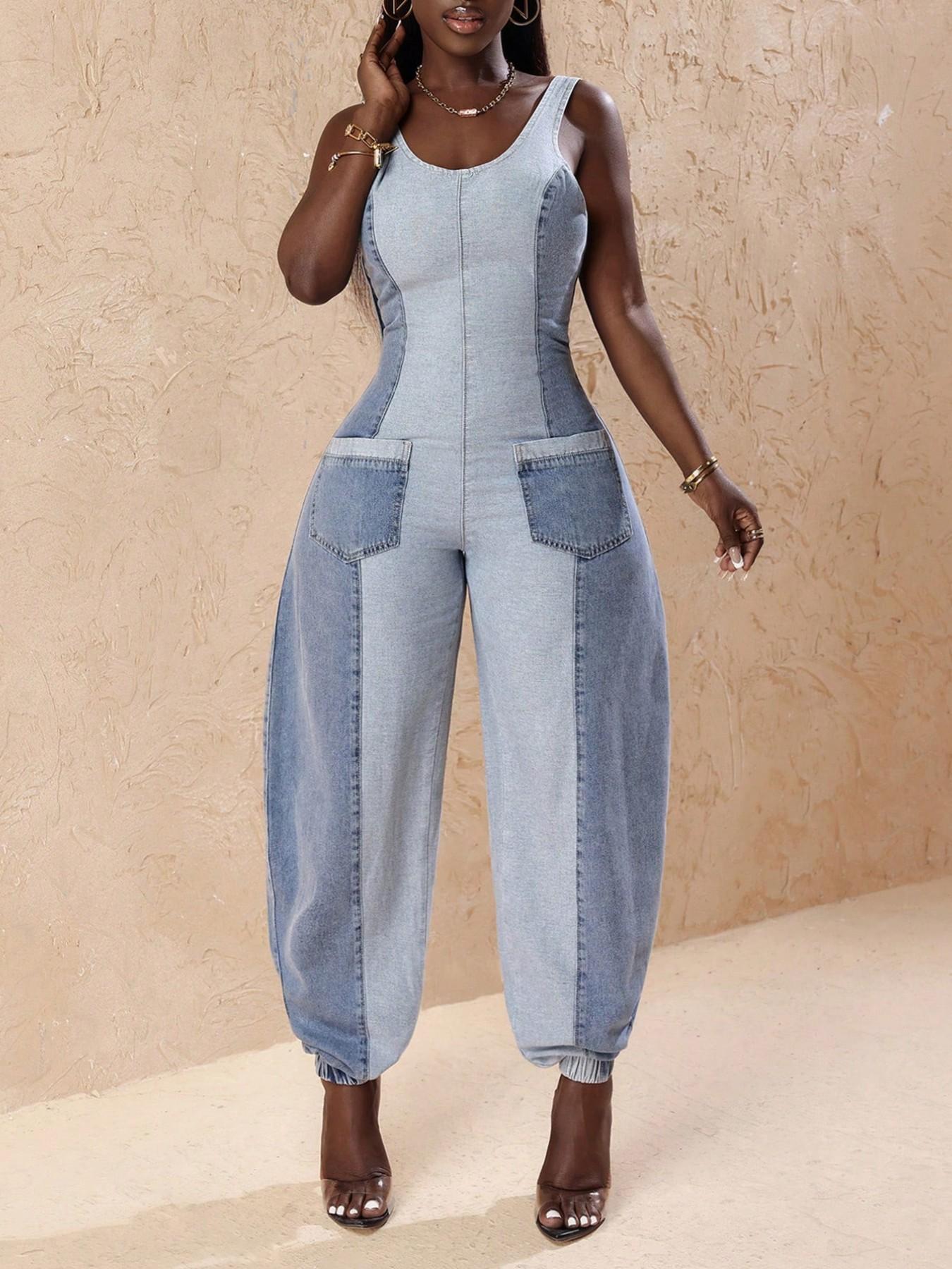 Women's Casual Two-Tone Backless Zipper Front Denim Jumpsuit, Sexy Aesthetic Sleeveless Cowboy Style, All Seasons Plain Surface Unlined Clothing