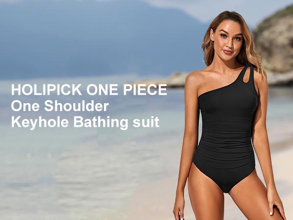 Holipick One Shoulder One Piece Swimsuit for Women Comfortable Tummy Control Bathing Suits Modest Full Coverage Keyhole Swimwear Beach Swimming Clothing