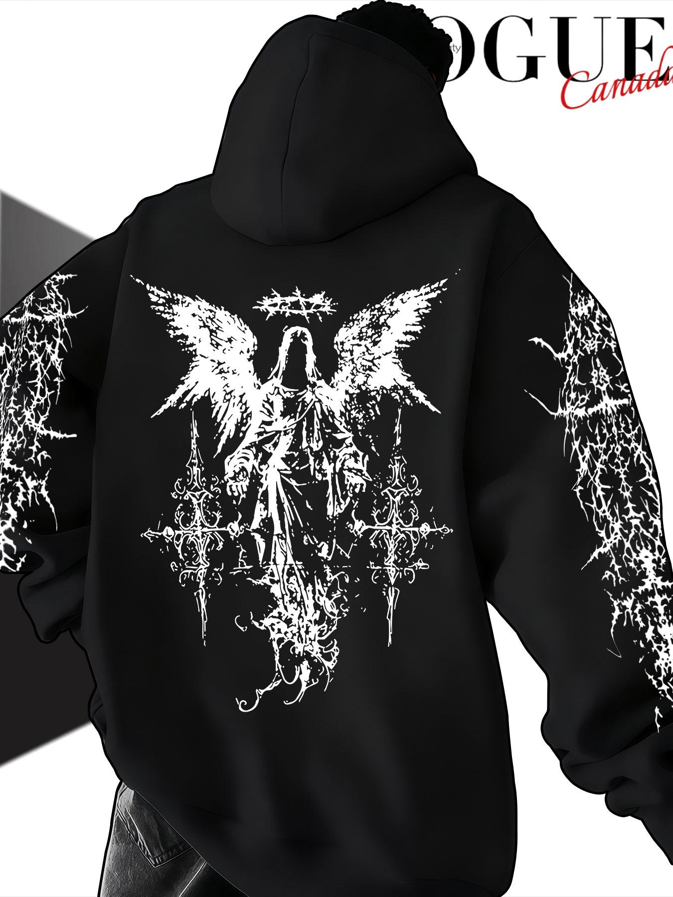 Men's Hooded Sweatshirt Fall Winter, Thorns Angel Cross Print, Gothic Style Loose Fit, Casual Random Pattern, Non-Outer Vest