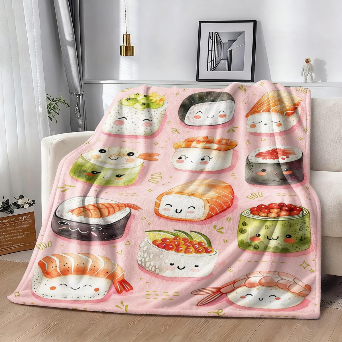 Cute Sushi Pattern Flannel Blanket, Soft Skin-Friendly Warm, Easy to Store, Multi-Scene Home Office Travel Throw, Suitable for Sushi Lovers