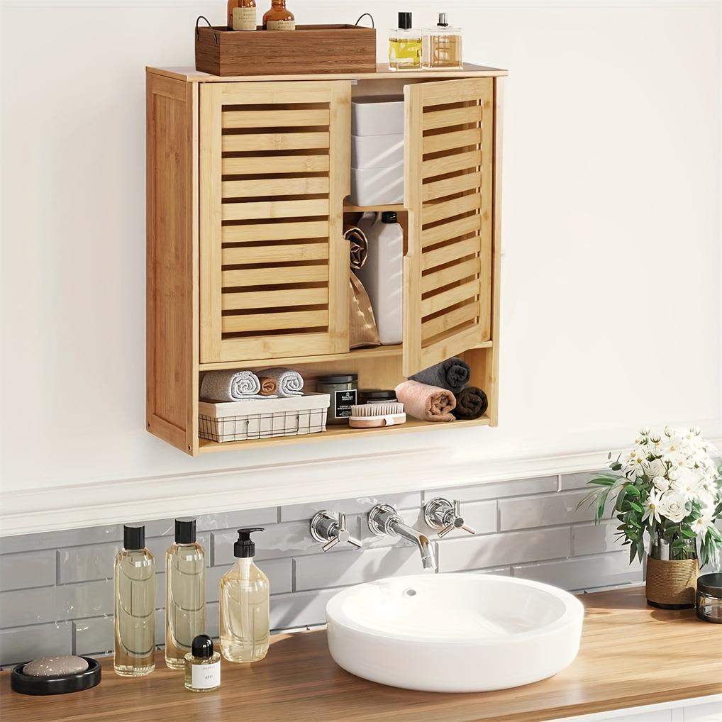 Wall Cabinet Storage Multifunctional Bamboo Wood Bathroom Kitchen Wall Cabinet with 3 Shelves Medicine Storage Organizer