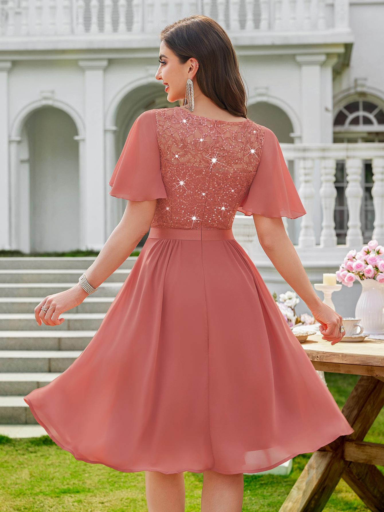 MIUSOL 24235 Women's Sequin Lace V Neck Ruffle Style Chiffon A-line Cocktail Party Dress