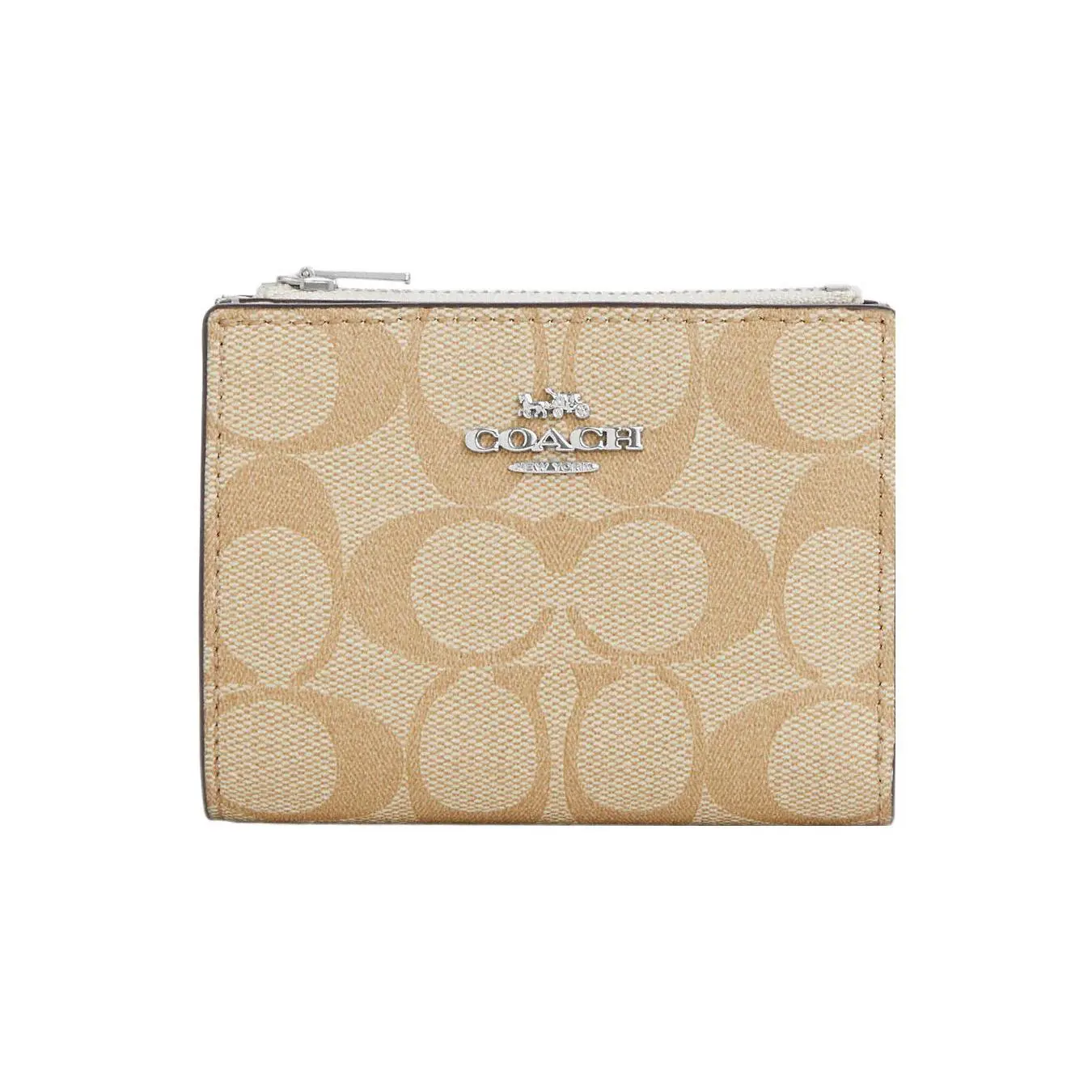 COACH Pebbled Leather and Canvas Zip-Around Wallet for Women with Signature Logo, Beige