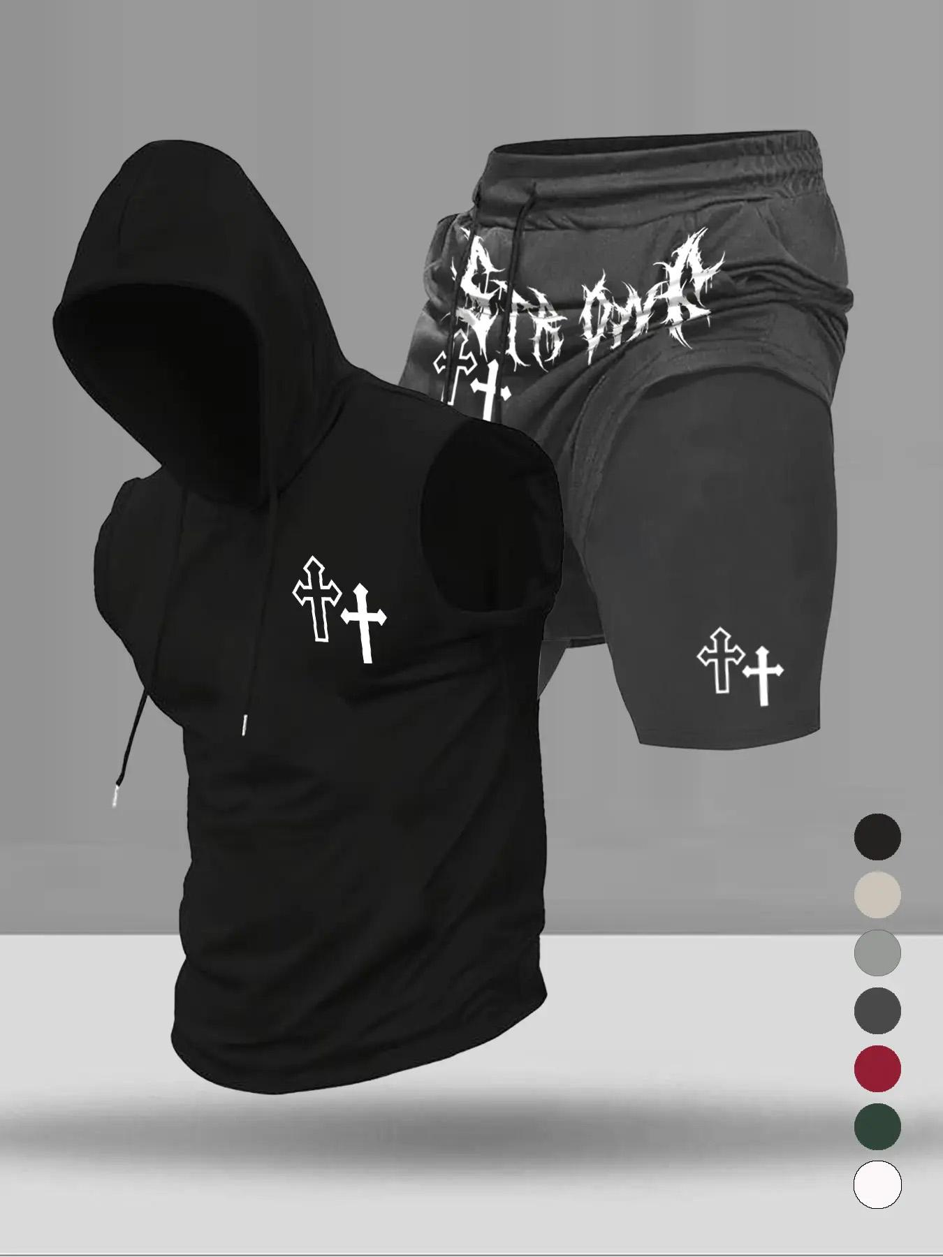 Men's Graphic Print Two-Piece Set, Stylish Hooded Sleeveless Vest and Drawstring Pocket Shorts, Summer Casual Wear for Sports and Daily Use