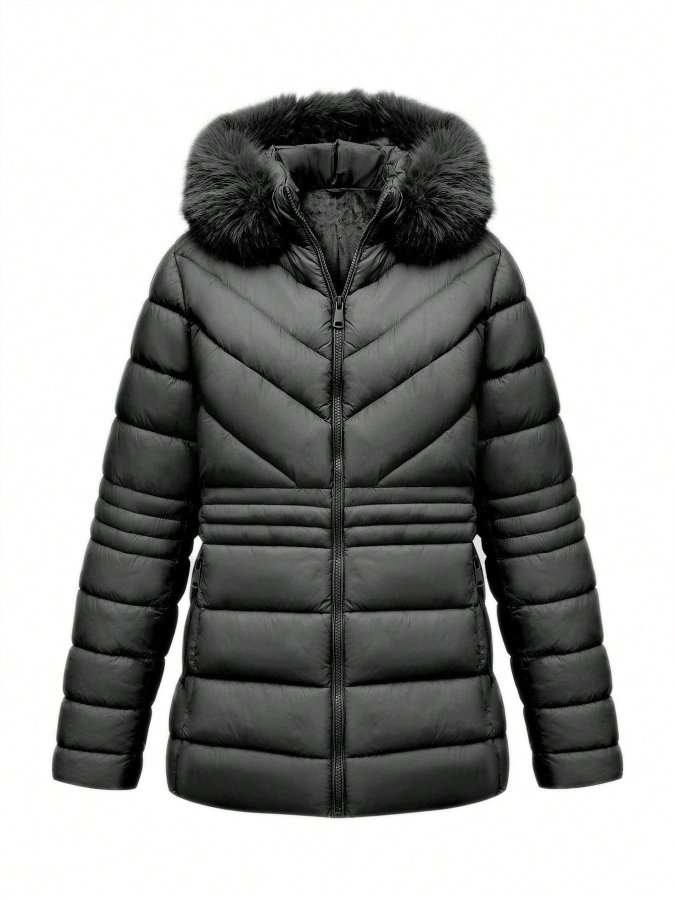 Women's Plus Size Winter Comfortable Cotton Jacket, Commuter Simple Fall & Winter Mid-Length Hooded Warm Coat, Long Sleeve Fitted Style Outerwear