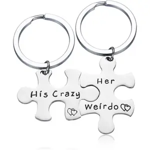 His Crazy & Her Weirdo" Couples Keychain Set Stainless Steel Matching Puzzle Keyrings Gift for Boyfriend Girlfriend