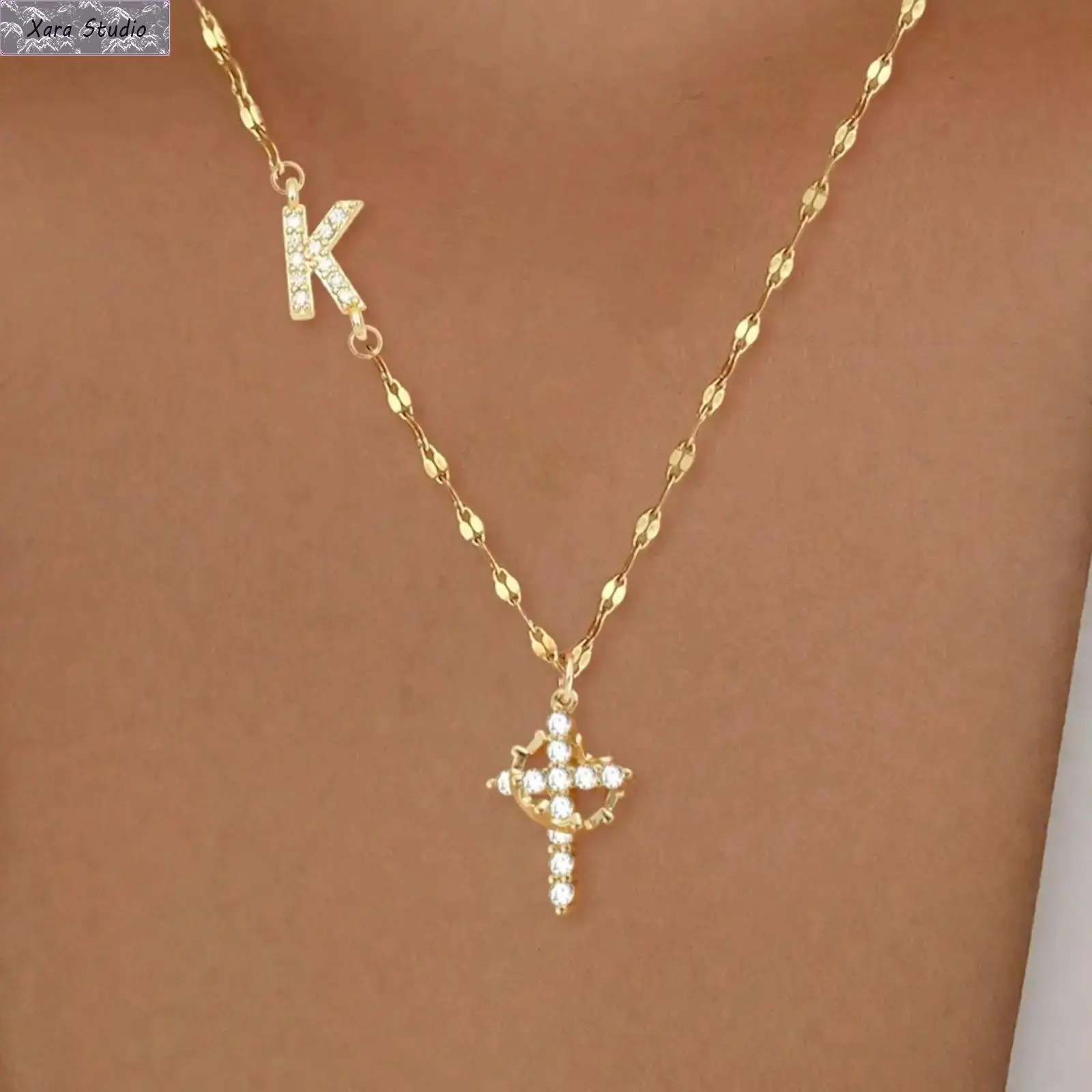 Layered Initial Necklaces for Women, Minimalist Stainless Steel Jewelry with Zircon Cross & Evil Eye Charms, Stylish Accessories, Accessories For Women, Non Tarnish Jewelry, Cross Necklace, Tarnish Proof Jewelry