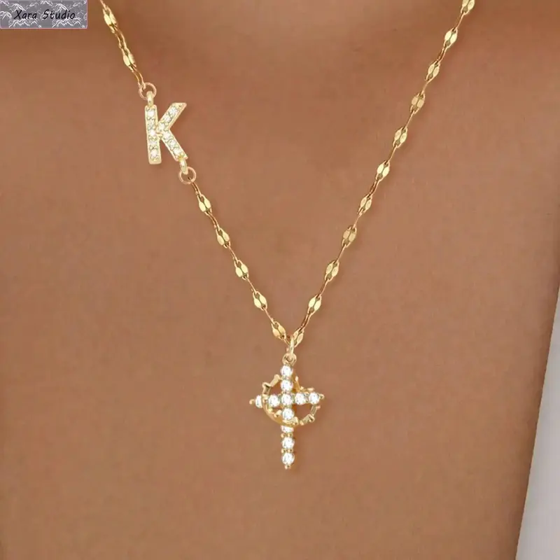 Women's Layered Initial Stainless Steel Necklaces - Non-Tarnish Jewelry with Zircon Sparkle Cross, Evil Eye Charms, Casual Daily Stylish Accessories, Tarnish-Proof Gifts for Women