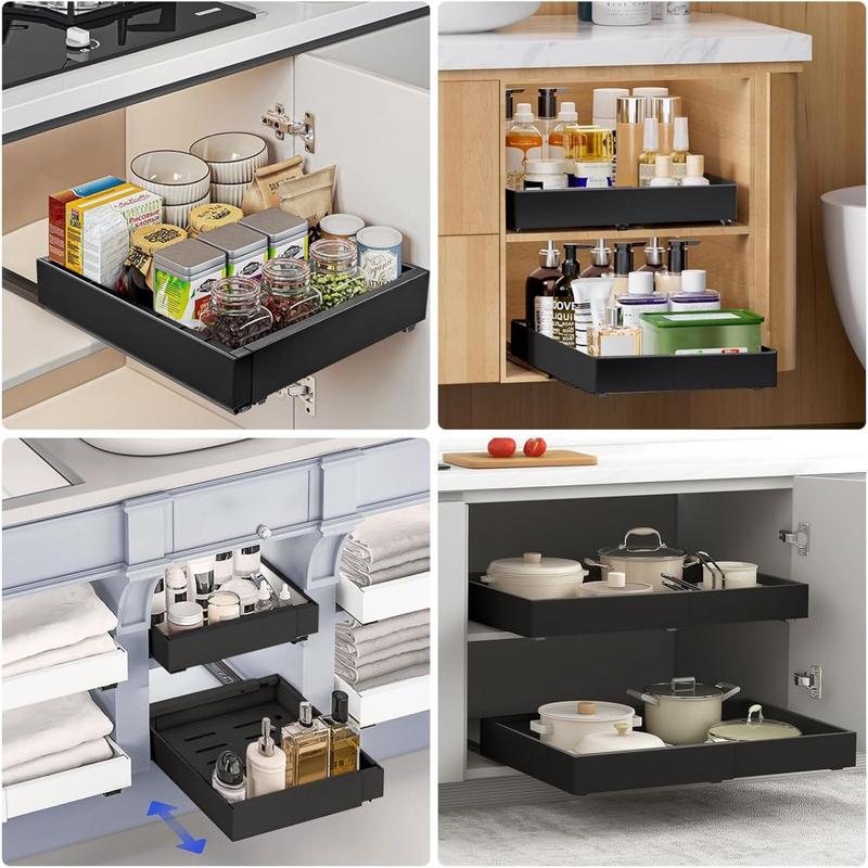 Adjustable Pull-Out Drawer Organizer, Adjustable Dividers, Expandable Kitchen and Bathroom Storage Cabinet with Adhesive, Easy Installation, Space-Saving Sliding Shelves