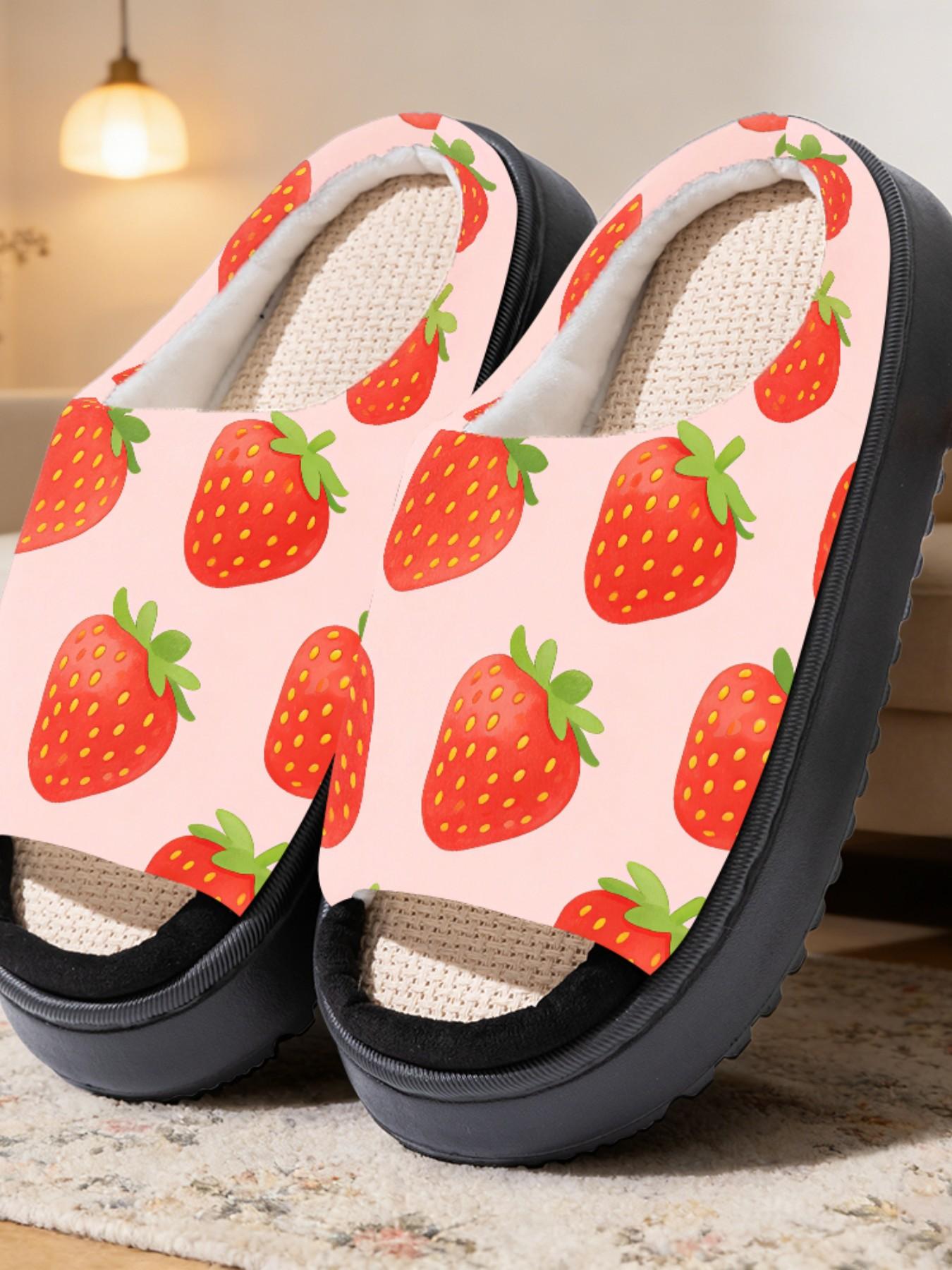 Sweet Strawberry Print Linen Open-Toe Sandals, Casual Textile Eva Sole, Less Than Ankle Height, All Seasons Cartoon Pattern