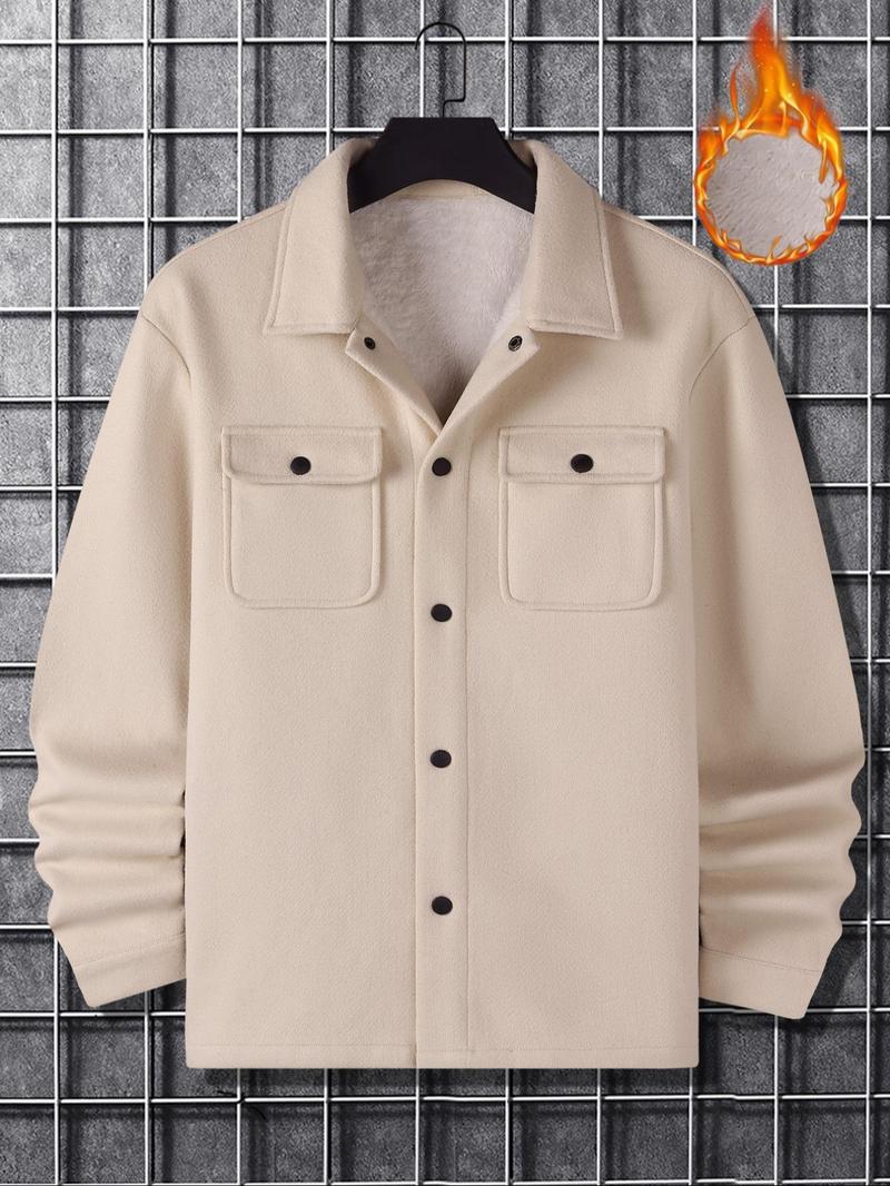 Men's Plain Long Sleeve Jacket, Regular Fit Casual Classic Button Front Flap Pocket Collared Outerwear for Fall & Winter, Going Out Outfit