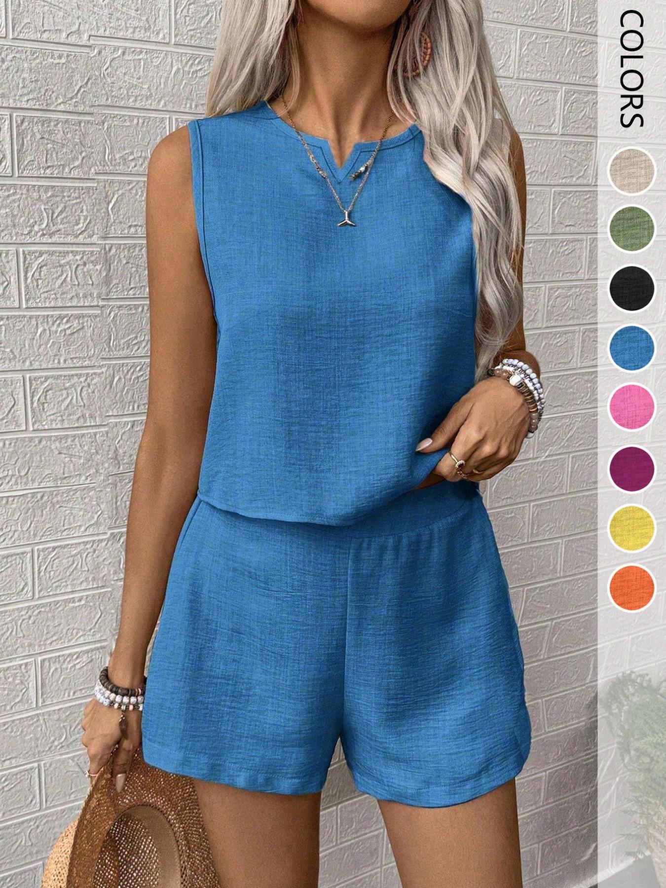Women's 2-Piece Set, Casual V-Neck Sleeveless Top and Wide Leg Pants, Summer Loose Fit, Home Wear, Office, Vacation, All Seasons, Womenswear