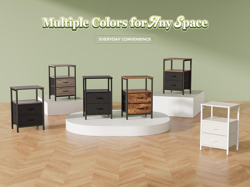 Huuger Night Stand with 2 Drawers, Bed Side Table with Open Shelf, Wooden Top, End Table for Small Space, Bedroom, Fabric Drawer