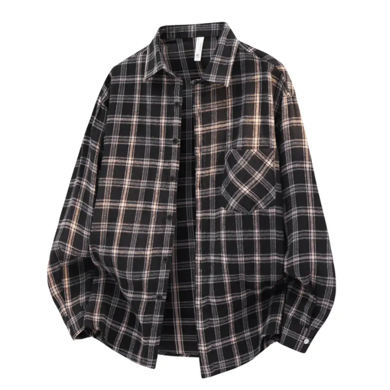 plaid long‑sleeve shirt with lapel collar, chest patch pocket, button‑down closure, soft brushed fabric and relaxed oversized silhouette for layered casual daily styling#sohochic