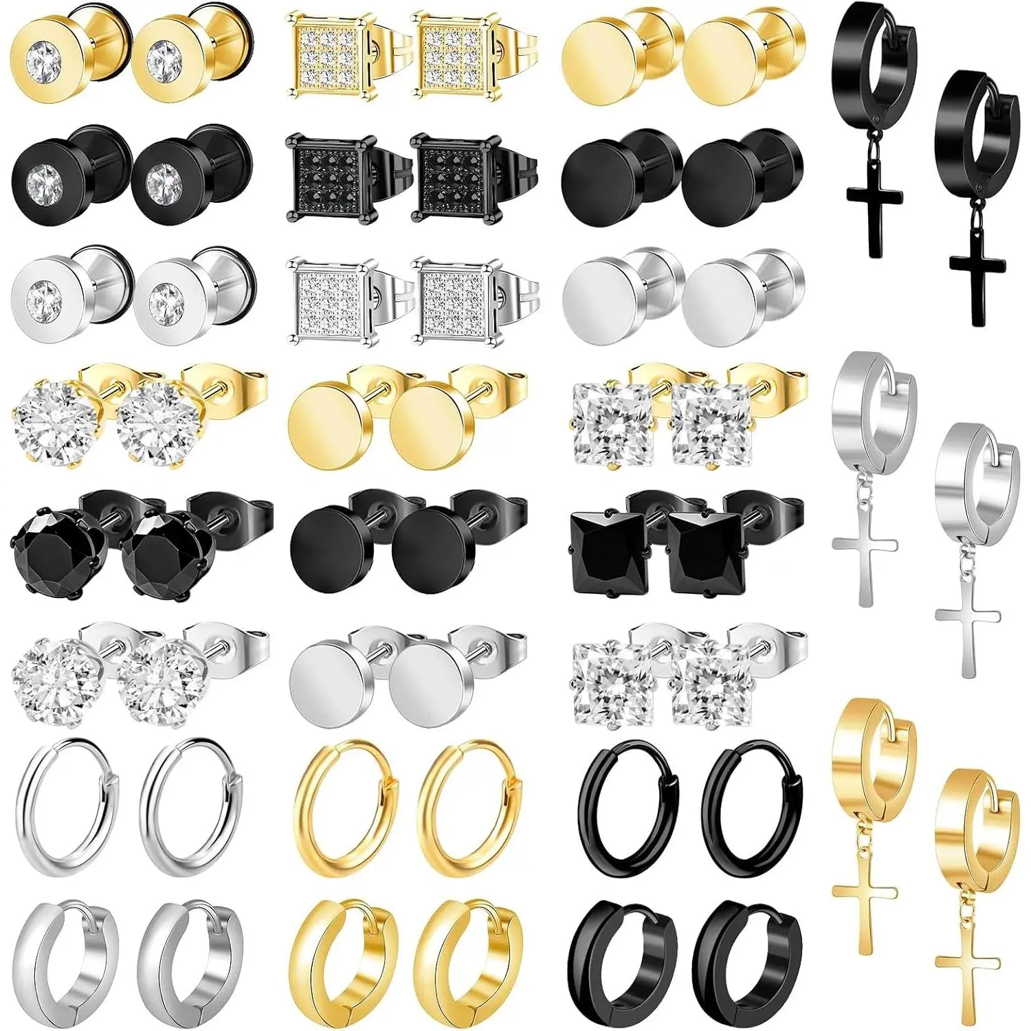 Hypoallergenic Stainless Steel Men's Earrings with Cubic Zirconia - Stud, Hoop, Dangle, Cross Piercing Jewelry Set for Men and Women in Silver, Gold, BlackGift