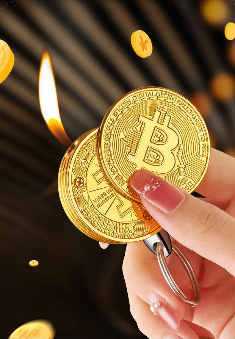 (Butane-free) Bitcoin-Shaped Refillable Butane Lighters, Windproof Metal Keychain Lighters with Adjustable Flame, Portable Coin Design for Camping, Candles & Outdoor Use-Cool Crypto Gift for Men & Friends (Butane Not Included)