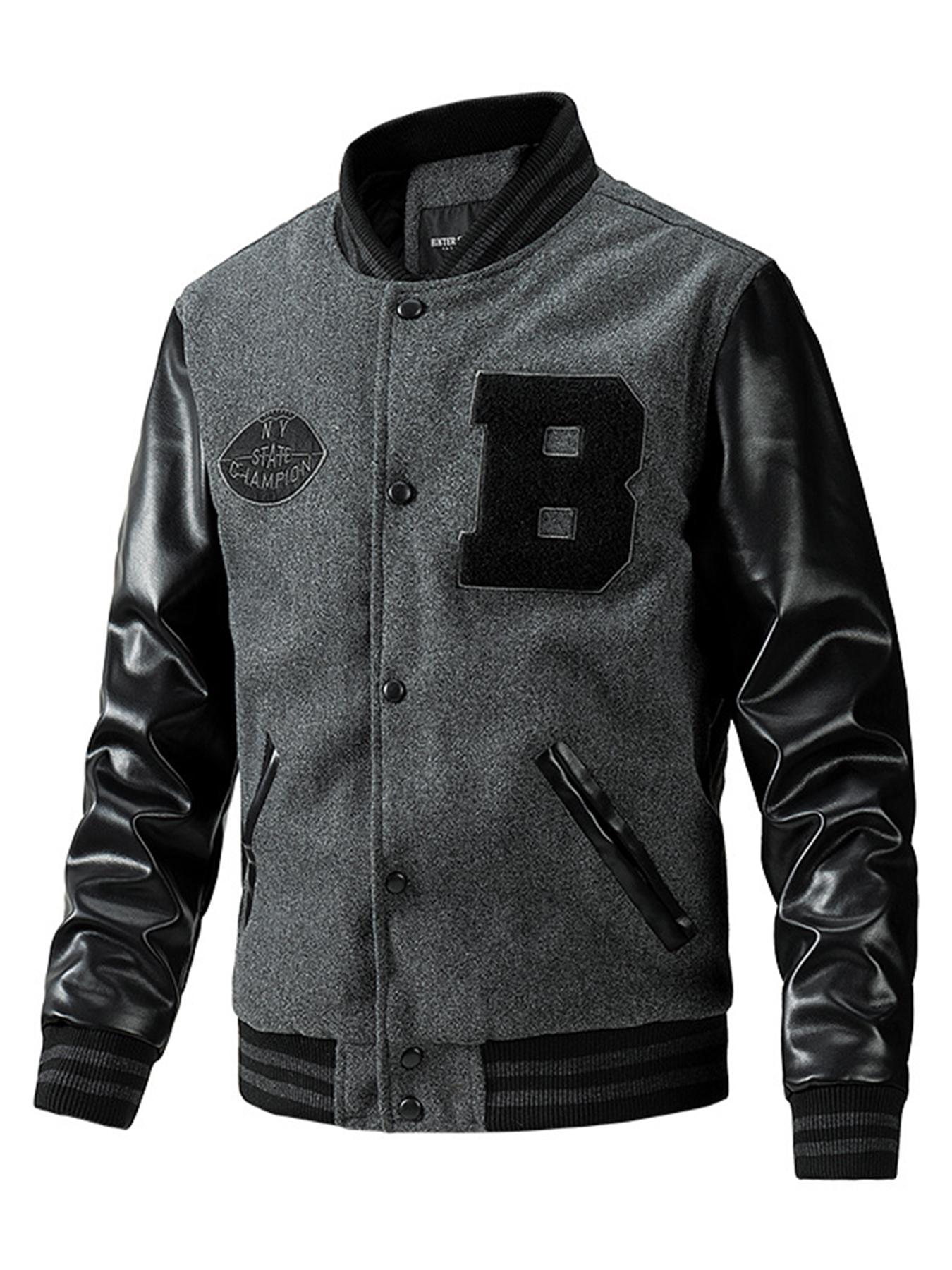 Men's Letter Patched Pocket Button Front Varsity Jacket, Casual Regular Fit Long Sleeve Stand Collar PU Leather Jacket Coat for Fall Winter