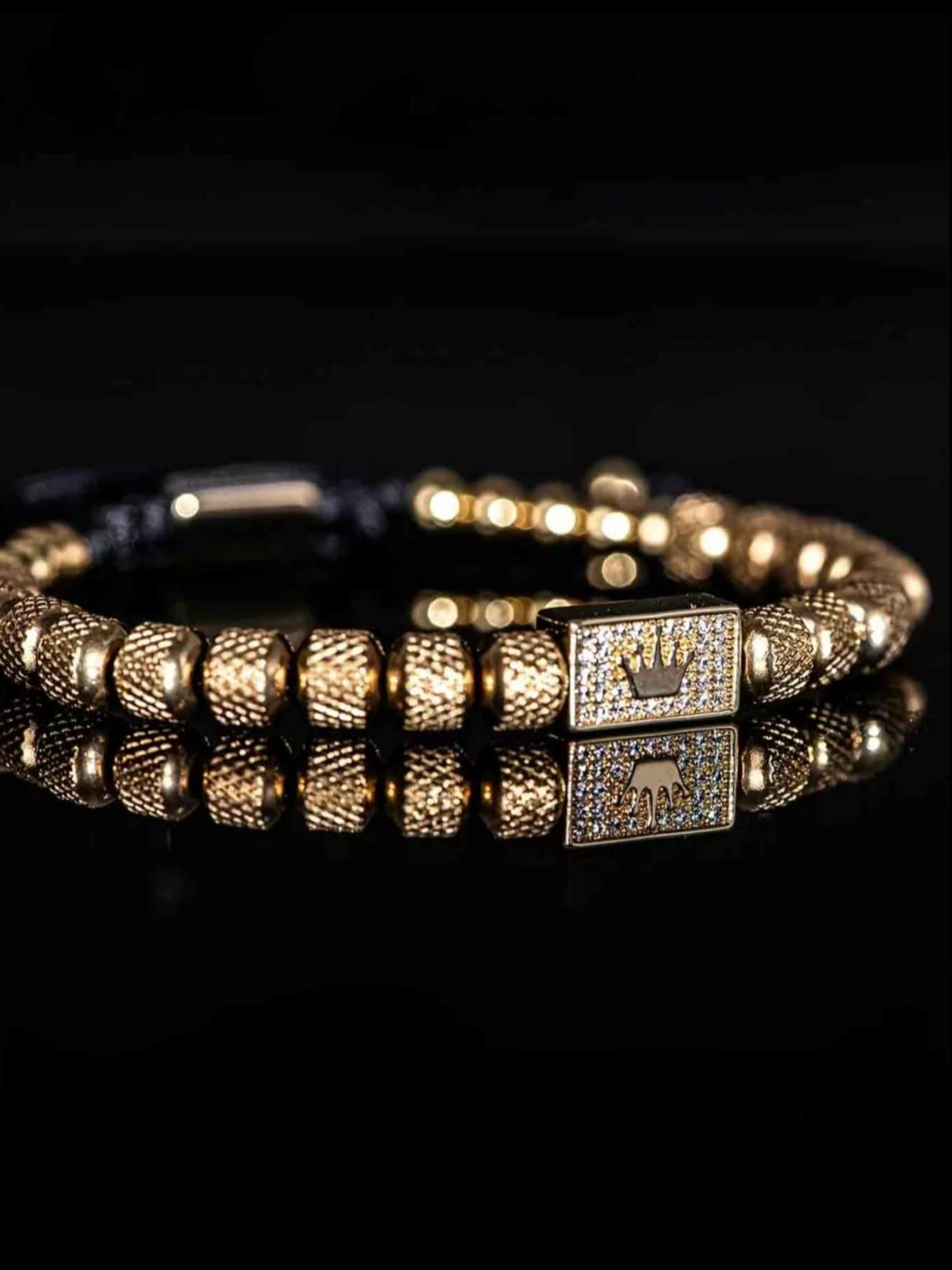 Vintage Stainless Steel Beaded Zircon Crown Bracelet, Adjustable Casual Men's Party Wristband, Chain Print, All Seasons