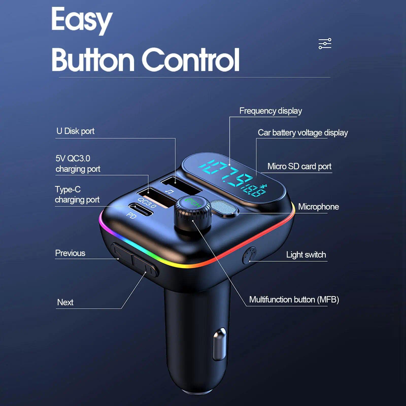 Bluetooth Car Adapter, In-Car FM Transmitter with Bluetooth 5.0, 18W PD Fast Charging, QC3.0, USB + PD Ports, Type-C, Colorful Ambient Light, Dual Music Player, Bluetooth Calling, Cigarette Lighter Accessory with Easy Setup