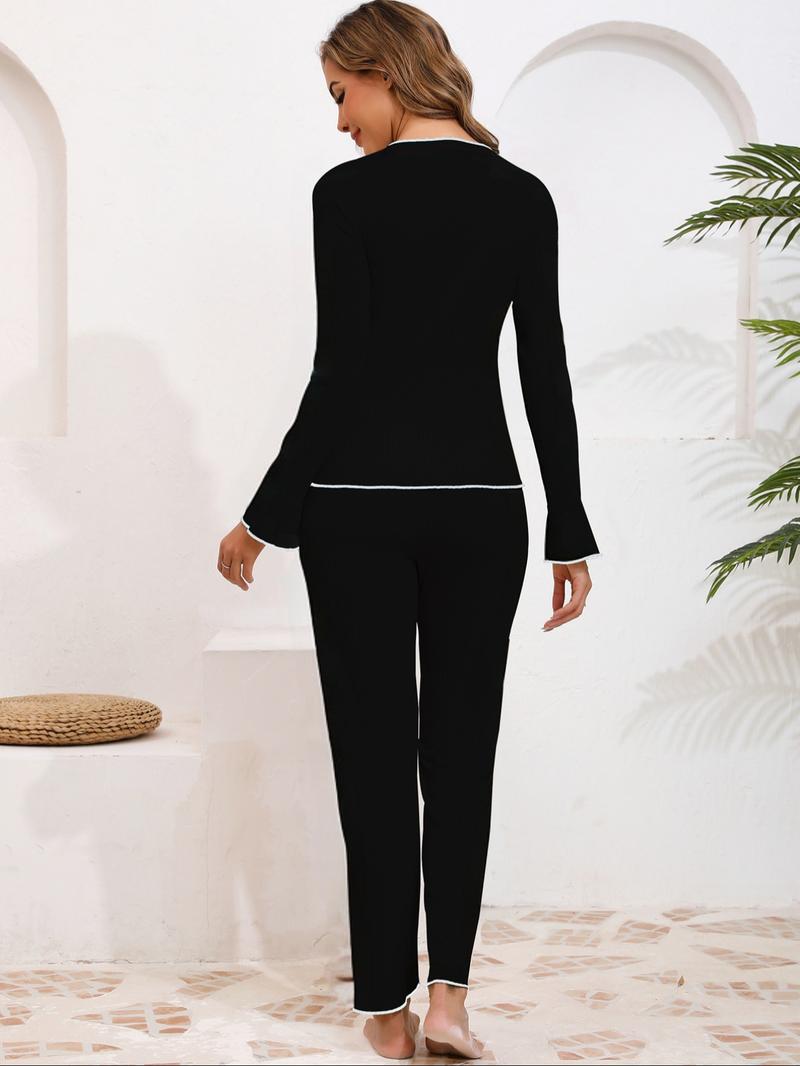 Women's Spring & Fall Ice Silk Pajama Set, Sweet Bow Trim V Neck Long Sleeve Top, Elastic Waist Pants, Casual Home Wear