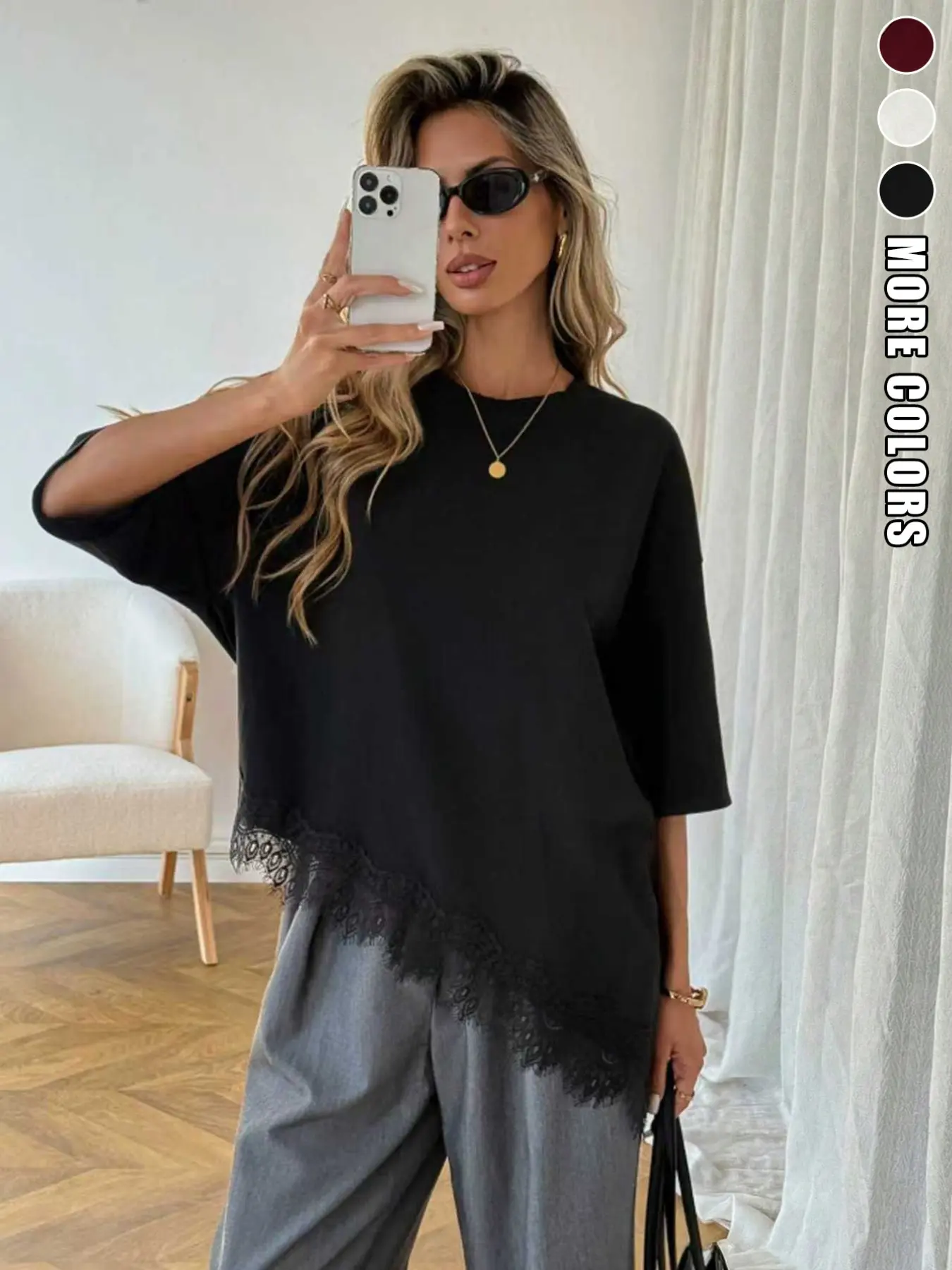 Summer Knitted Round Neck Short Sleeve Top, Baggy Oversized Loose Fit Asymmetrical Hem Lace Trim, Soft Breathable Women's Casual Shirt