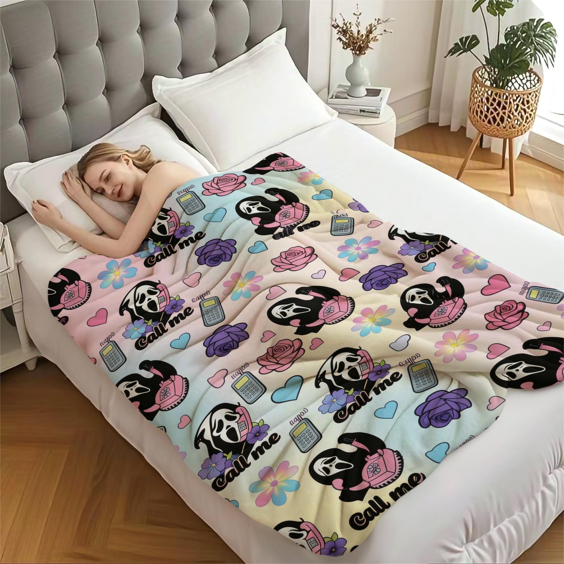 Scream Ghostface Call Me Flannel Throw Blanket, Y2k Millennial Style Throw Blanket, Student Dormitory Nap Blanket, All Season Travel Car Blanket, Children'S Room, Dormitory, Sofa, Office Nap Blanket