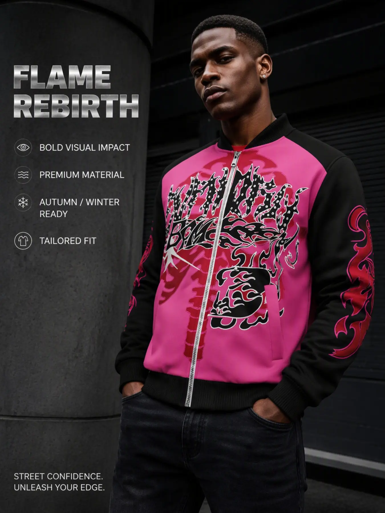 Men's Skull Flame Pattern Zipper Jacket, Retro Graffiti Letter Print, Windproof Baseball Collar, Fall Winter Outerwear