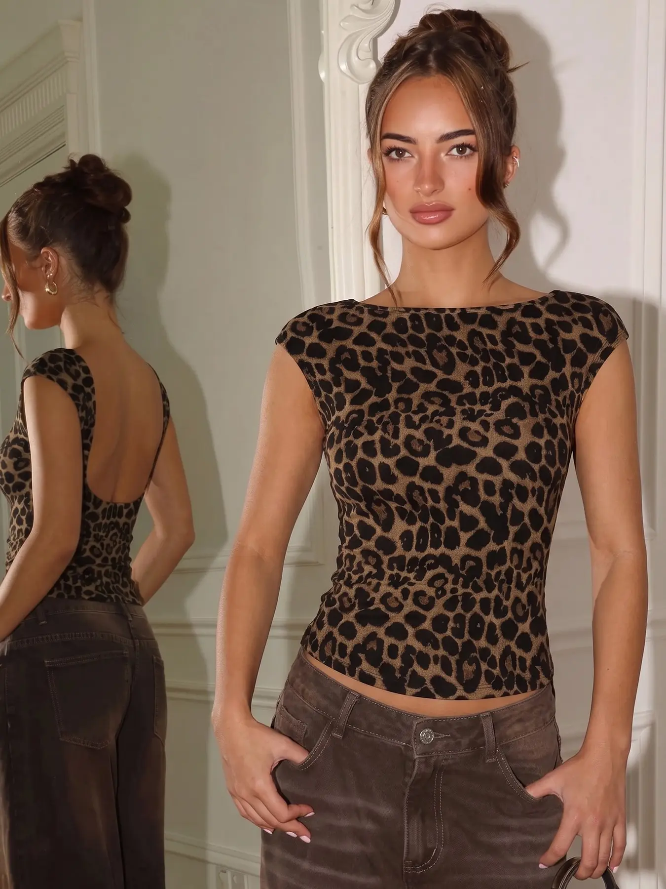 Women Vintage Leopard Print Boat Neck Cap Sleeve Open U-Back Crop Top Slim Bodycon Figure Hugging Fitted Short Sleeve Blouse Retro Y2K Animal Pattern Going Out Club Night Party Casual Basic Layering Top #springsaledeals2026 #summeroutfits #leopardprint #b