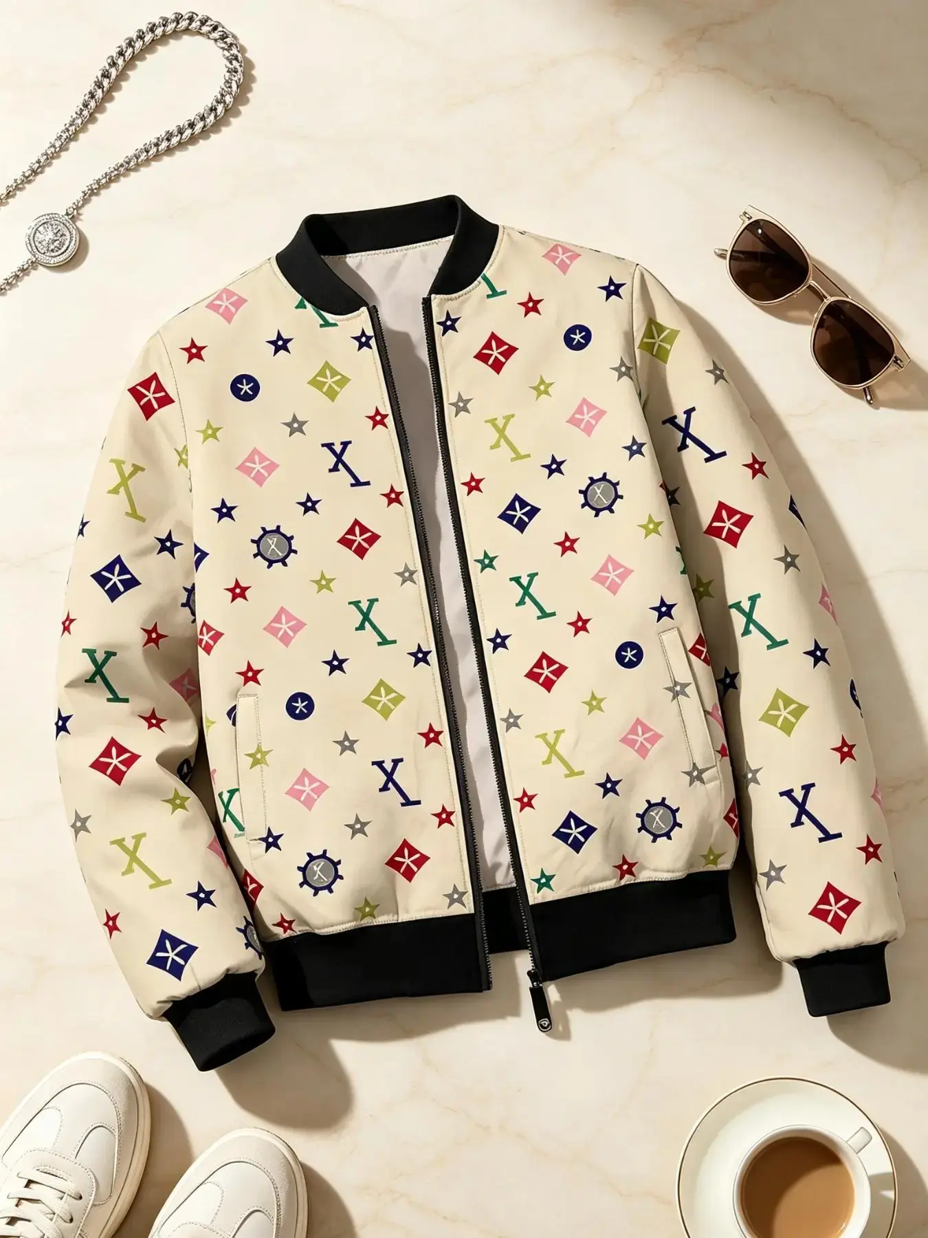 Men's Colorful Geometric Star Print Baseball Jacket, Zipper Stand Collar Casual Baseball Coat, Streetwear Lightweight Top, Casual Comfy Jacket
