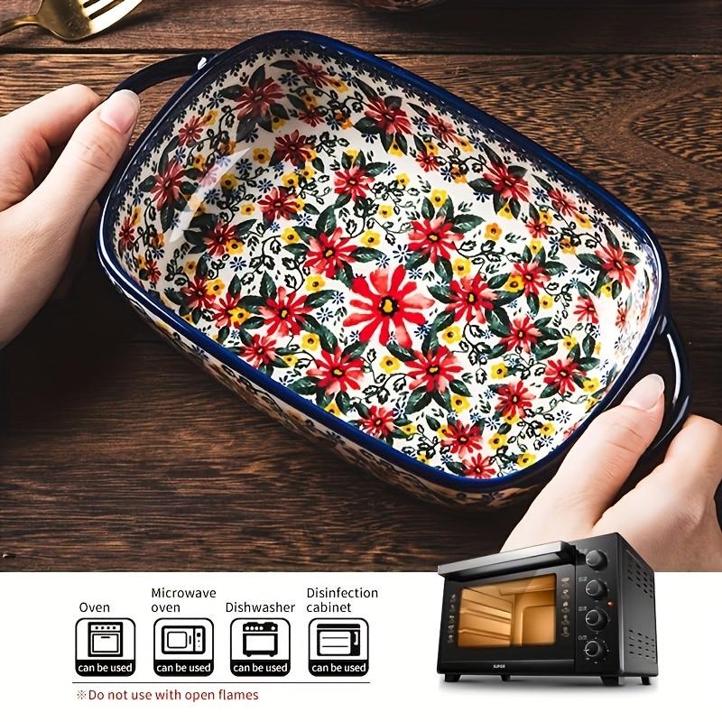 Floral Ceramic Baking Dish, Rectangular Casserole Dish, Bakeware, 730ML Rectangular Serving Bowl with Handle, Ideal for Rice, Salad & Cheese, Elegant Kitchen Accessory