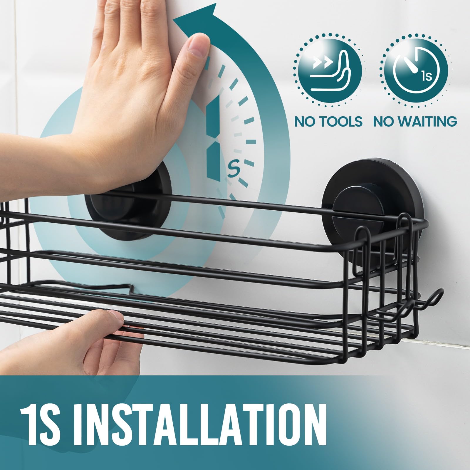 TAILI Black Metal Shower Caddy Suction Cup 2 Pack with Hooks & Soap holder, Rustproof Heavy Duty Shower Organizer for Bathroom, No Drilling