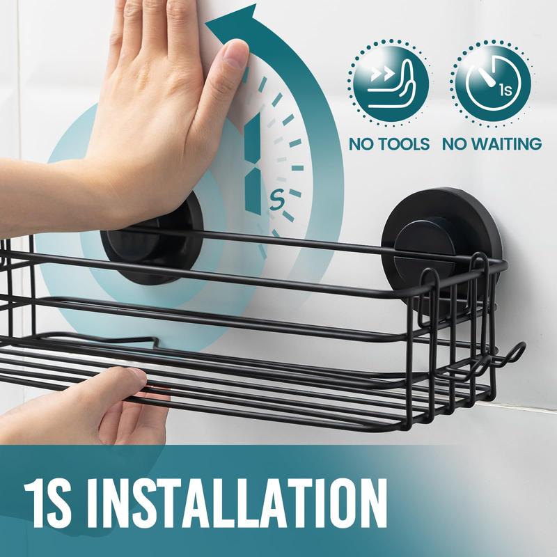 TAILI Black Metal Shower Caddy Suction Cup 2 Pack with Hooks & Soap holder, Rustproof Heavy Duty Shower Organizer for Bathroom, No Drilling