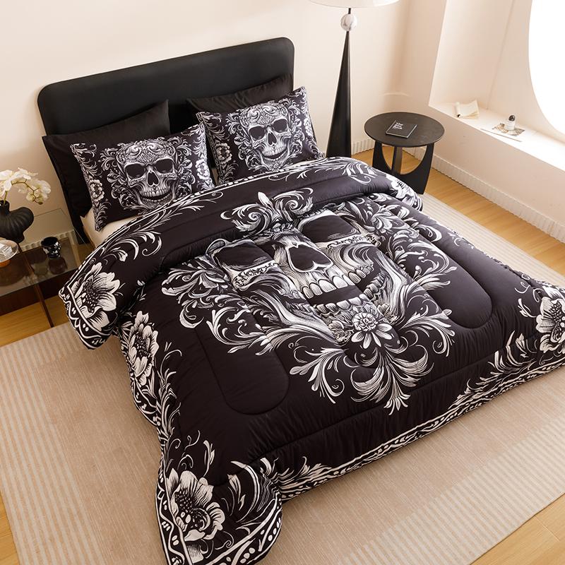 3-piece Quilt Set (1 Quilt + 2 pillowcases, no pillow), including 180Gsm filling, soft and breathable, digitally printed black and gray floral patterns of skulls, suitable for bedrooms, dormitories and home use, no bed sheets or bed covers.