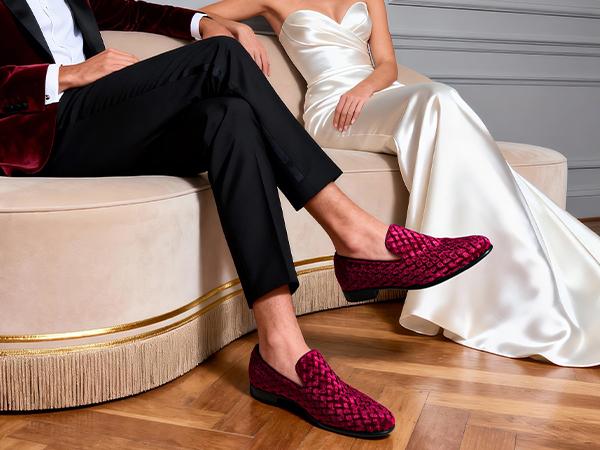 【BRUNO MARC Anniversary】 Men's Velvet Classic Slip-Ons & Flat Shoes - Fabric Loafers with Party-Perfect Fit, Instant Event Look, Burgundy Old Money Footwear for Weddings, Back to School