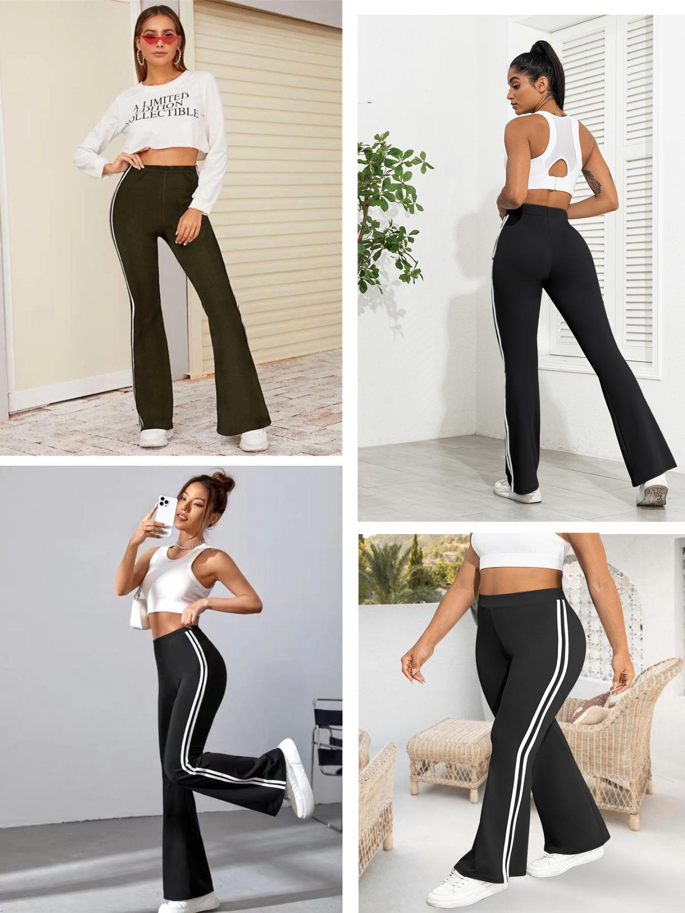 【Plus Size】 Side Stripe Design Flare Leg Leggings, Casual Comfy High Waist Bell Bottom Trousers for Daily Wear, High Waisted Leggings, Women's Bottoms for All Seasons