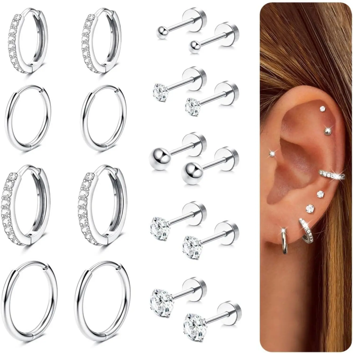 Fansilver 9 Pairs Earrings for Women Hypoallergenic Earrings Gold Silver Gold Silver Earrings for Women Men 316L Surgical Steel Flat Back Earrings Helix Tragus Conch Cartilage Piercing Jewellery