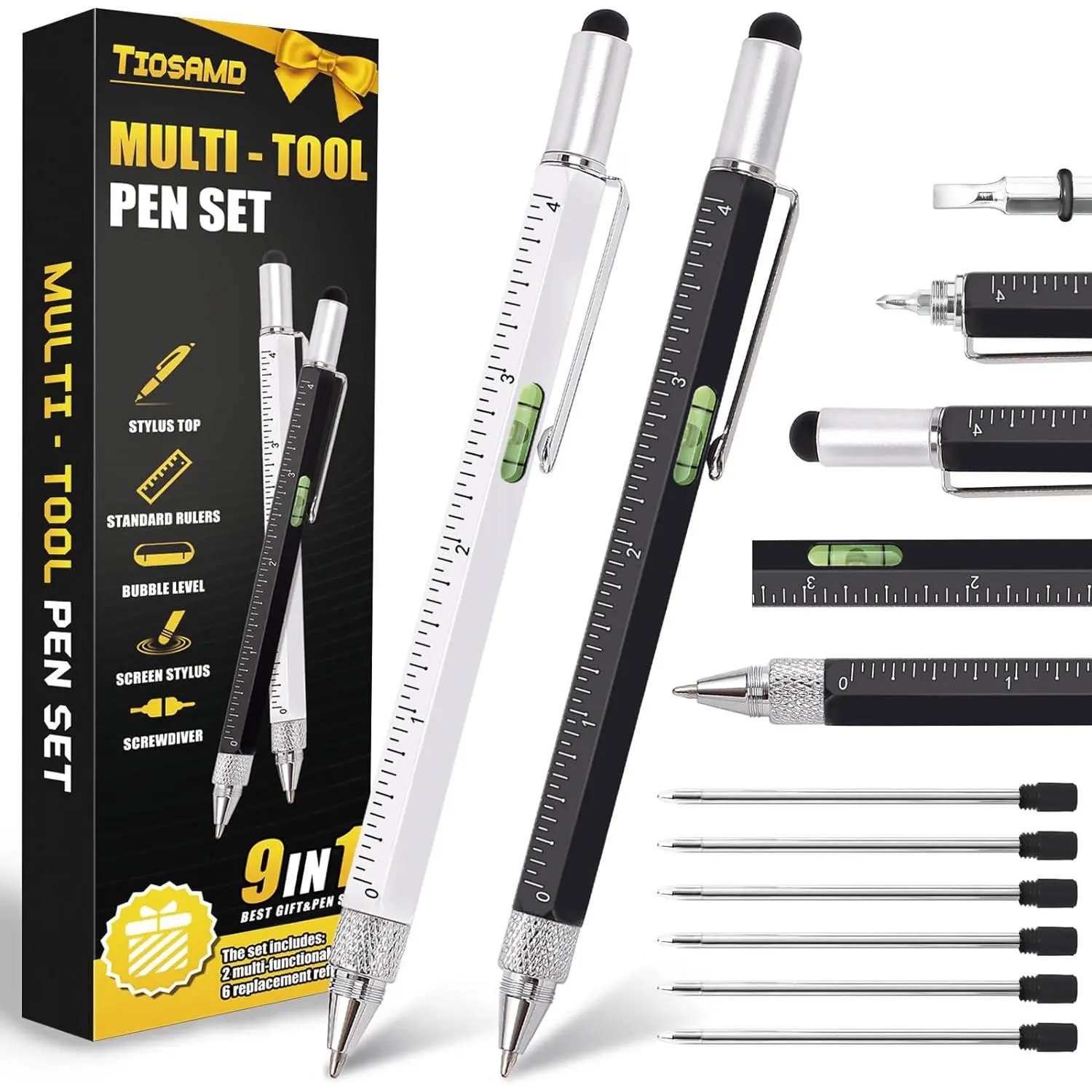Stocking Stuffers for Men, 9 in 1 Metal Multitool Pen 2 count and Refill 6 count,  Tech Tool Pen from Wife Daughter to Father Boyfriend Husband  Christmas, Birthday, Valentine's Day