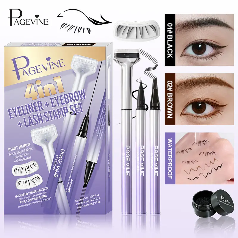 PAGE VINE All-in-One Eye & Brow Makeup Kit, Ultra-Thin Brow & Eyeliner Pen + Instant Lower Lash Stamper, Waterproof Longwear, Easy Wild Brow & Manga Lashes for Beginners